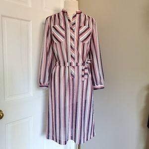 vintage stripe midi shirt dress 70s Size small Gauze Belted Patch Pocket Collar